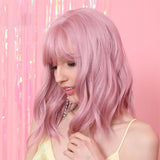 Maxbell 12'' Women Shoulder Length Natural Curly Wavy Wigs Pink Cosplay Anime Wigs