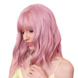 Maxbell 12'' Women Shoulder Length Natural Curly Wavy Wigs Pink Cosplay Anime Wigs