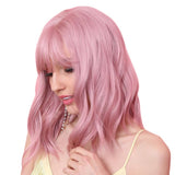 Maxbell 12'' Women Shoulder Length Natural Curly Wavy Wigs Pink Cosplay Anime Wigs