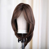 Maxbell 16'' Women Layered Fluffy Side Part Straight Wavy Cosplay Daily Party Wigs Brown