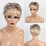 Maxbell 8'' Lady Human Hair Short Straight Wigs Layered Shaggy Cosplay Daily Wig Mixed