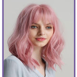 Max Maxb 14'' Fashion Pink Women Wavy Wig Synthetic Cosplay Anime Bob Wigs with Bangs