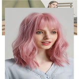 Max Maxb 14'' Fashion Pink Women Wavy Wig Synthetic Cosplay Anime Bob Wigs with Bangs