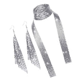 Maxbell Metal Sequins Neck Tie Scarf Long Tassels Dangle Earrings Bohemia for Girls Silver