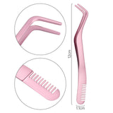 Maxbell Professional 2 in 1 Curved Lash Tweezers for DIY Eyelash Extension Supplies Pink