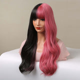 Maxbell Half Black and Half pink Synthetic Wigs with Bangs Split for Daily Use