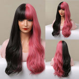 Maxbell Half Black and Half pink Synthetic Wigs with Bangs Split for Daily Use