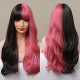 Maxbell Half Black and Half pink Synthetic Wigs with Bangs Split for Daily Use