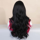 Maxbell 21inch Long Wavy Curly Wig Synthetic Fiber Elegant for Dating Wedding Party Rose Red Highlight