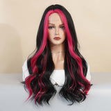 Maxbell 21inch Long Wavy Curly Wig Synthetic Fiber Elegant for Dating Wedding Party Rose Red Highlight