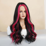 Maxbell 21inch Long Wavy Curly Wig Synthetic Fiber Elegant for Dating Wedding Party Rose Red Highlight