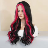 Maxbell 21inch Long Wavy Curly Wig Synthetic Fiber Elegant for Dating Wedding Party Rose Red Highlight