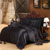 Solid Color Satin Silk Bedding Duvet Cover Set , King Size Bed Black