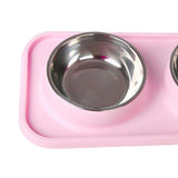 Max Stainless Steel Pet Cat Food Water Feeding Double Bowl with Plastic Mat Set Pink