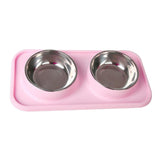 Max Stainless Steel Pet Cat Food Water Feeding Double Bowl with Plastic Mat Set Pink