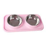 Max Stainless Steel Pet Cat Food Water Feeding Double Bowl with Plastic Mat Set Pink
