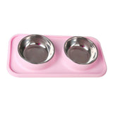 Max Stainless Steel Pet Cat Food Water Feeding Double Bowl with Plastic Mat Set Pink