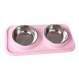 Max Stainless Steel Pet Cat Food Water Feeding Double Bowl with Plastic Mat Set Pink