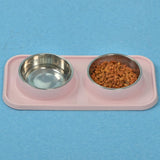 Max Stainless Steel Pet Cat Food Water Feeding Double Bowl with Plastic Mat Set Pink