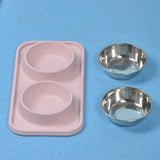 Max Stainless Steel Pet Cat Food Water Feeding Double Bowl with Plastic Mat Set Pink