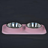 Max Stainless Steel Pet Cat Food Water Feeding Double Bowl with Plastic Mat Set Pink