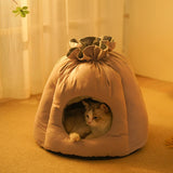 Maxbell Plush Cave Pet Bed Cat Nonslip with Drawstring Calming Kitty Warm House Gray