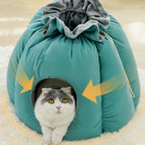 Maxbell Plush Cave Pet Bed Cat Nonslip with Drawstring Calming Kitty Warm House Green