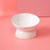 Maxbell 200ml Ceramic Elevated Cat Feeder Bowl Slant Porcelain Pet Cat Dish Anti Slip Pink Dots