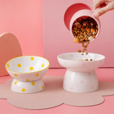 Maxbell 200ml Ceramic Elevated Cat Feeder Bowl Slant Porcelain Pet Cat Dish Anti Slip Yellow Dots