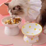 Maxbell 200ml Ceramic Elevated Cat Feeder Bowl Slant Porcelain Pet Cat Dish Anti Slip Yellow Dots