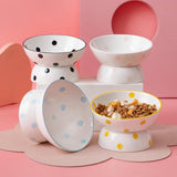 Maxbell 200ml Ceramic Elevated Cat Feeder Bowl Slant Porcelain Pet Cat Dish Anti Slip Yellow Dots