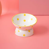 Maxbell 200ml Ceramic Elevated Cat Feeder Bowl Slant Porcelain Pet Cat Dish Anti Slip Yellow Dots