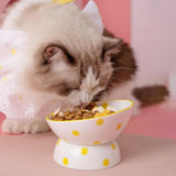 Maxbell 200ml Ceramic Elevated Cat Feeder Bowl Slant Porcelain Pet Cat Dish Anti Slip Yellow Dots