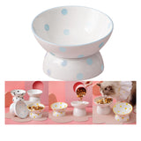 Maxbell 200ml Ceramic Elevated Cat Feeder Bowl Slant Porcelain Pet Cat Dish Anti Slip Blue Dot