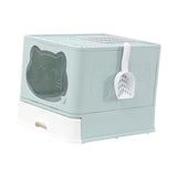 Maxbell Large Cat Litter Box Collapsible Drawer Type Front Door and Top Exit Durable Light Blue