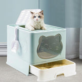 Maxbell Large Cat Litter Box Collapsible Drawer Type Front Door and Top Exit Durable Light Blue