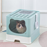 Maxbell Large Cat Litter Box Collapsible Drawer Type Front Door and Top Exit Durable Light Blue