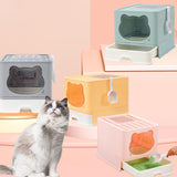 Maxbell Large Cat Litter Box Collapsible Drawer Type Front Door and Top Exit Durable Light Blue