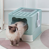 Maxbell Large Cat Litter Box Collapsible Drawer Type Front Door and Top Exit Durable Light Blue