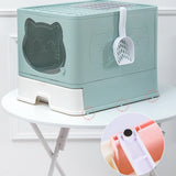 Maxbell Large Cat Litter Box Collapsible Drawer Type Front Door and Top Exit Durable Light Blue