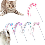 Maxbell Funny Cat Teaser Wand Long Rod Cat Interactive Toy with Plush Balls and Bell Pink Red