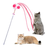 Maxbell Funny Cat Teaser Wand Long Rod Cat Interactive Toy with Plush Balls and Bell Pink Red