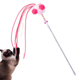 Maxbell Funny Cat Teaser Wand Long Rod Cat Interactive Toy with Plush Balls and Bell Pink Red