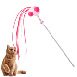 Maxbell Funny Cat Teaser Wand Long Rod Cat Interactive Toy with Plush Balls and Bell Pink Red