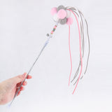 Maxbell Funny Cat Teaser Wand Long Rod Cat Interactive Toy with Plush Balls and Bell Pink Gray