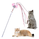 Maxbell Funny Cat Teaser Wand Long Rod Cat Interactive Toy with Plush Balls and Bell Pink Gray