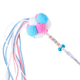 Maxbell Funny Cat Teaser Wand Long Rod Cat Interactive Toy with Plush Balls and Bell Blue Pink