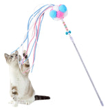 Maxbell Funny Cat Teaser Wand Long Rod Cat Interactive Toy with Plush Balls and Bell Blue Pink