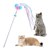 Maxbell Funny Cat Teaser Wand Long Rod Cat Interactive Toy with Plush Balls and Bell Blue Pink