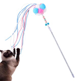 Maxbell Funny Cat Teaser Wand Long Rod Cat Interactive Toy with Plush Balls and Bell Blue Pink